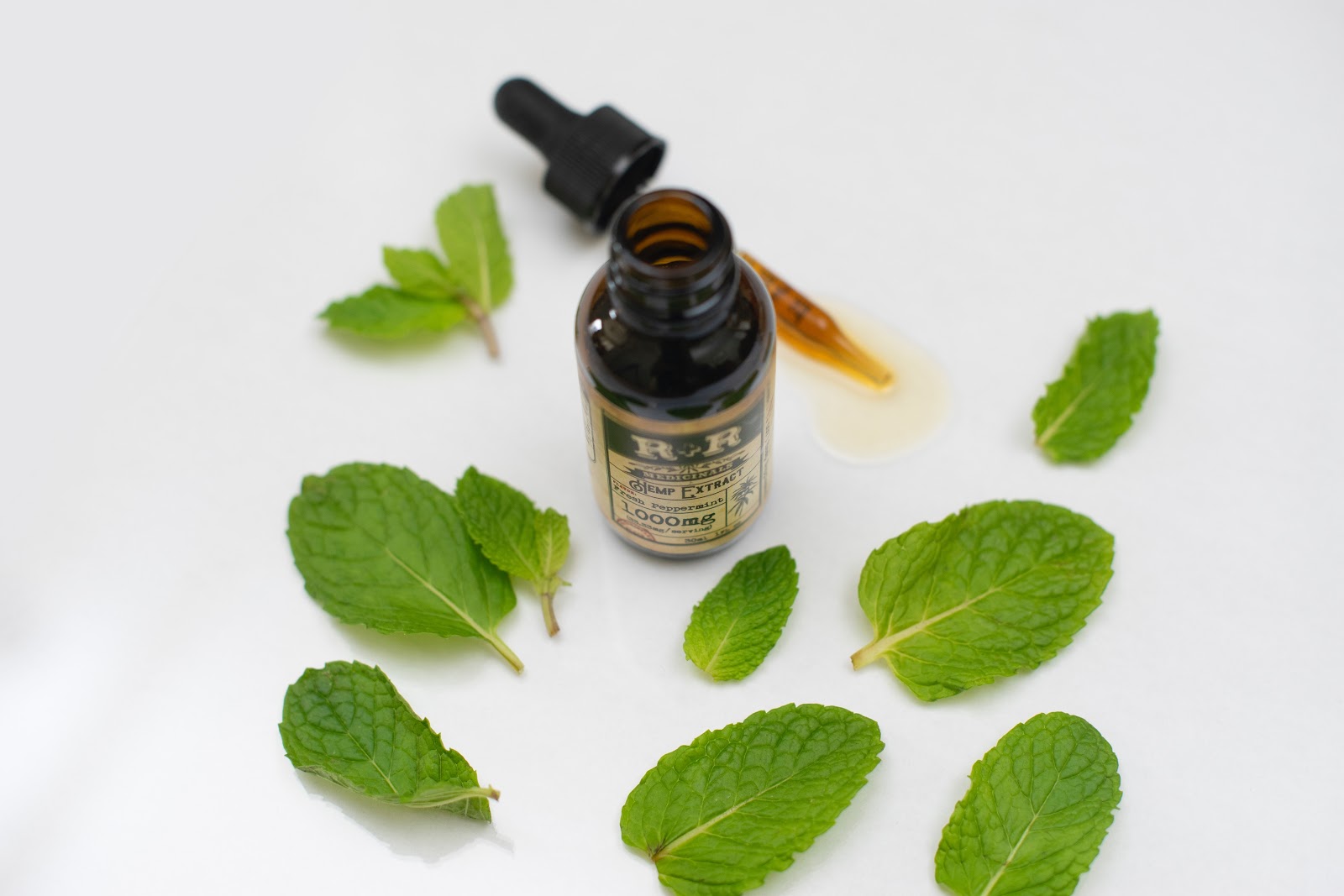 CBD oil surrounded by mint leaves